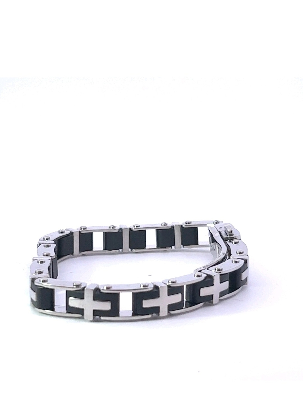 SHR & Simmons Stainless Black Rubber 9.5mm Cross Link Diamond .01ct Bracelet